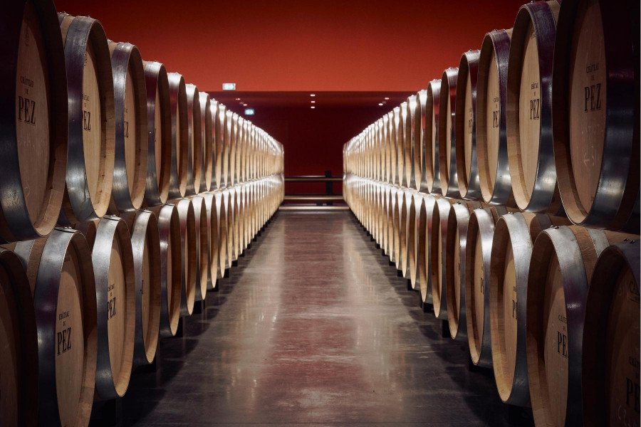 The barrel room at Château de Pez