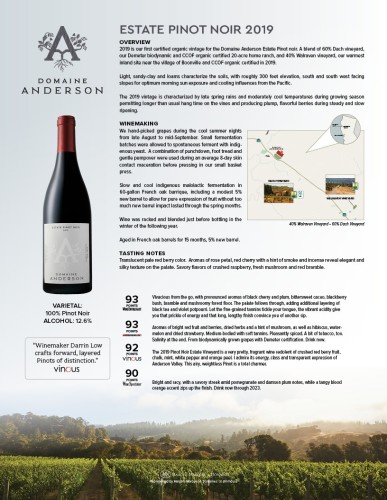 Sell Sheet for {materiallist:brand_name} Estate Pinot Noir 2019