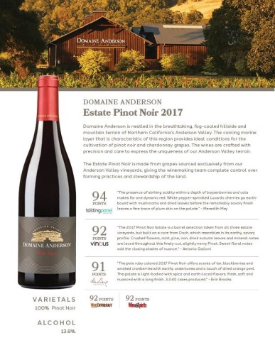 Sell Sheet for {materiallist:brand_name} Estate Pinot Noir 2017