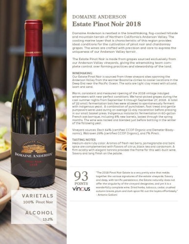 Sell Sheet for {materiallist:brand_name} Estate Pinot Noir 2018