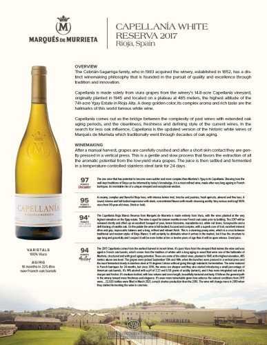 Sell Sheet for {materiallist:brand_name} Capellanía White Reserva 2017