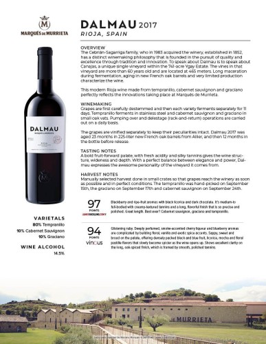 Sell Sheet for {materiallist:brand_name} Rioja Reserva 2017