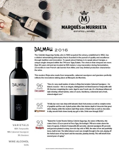 Sell Sheet for {materiallist:brand_name} Dalmau Reserva 2016